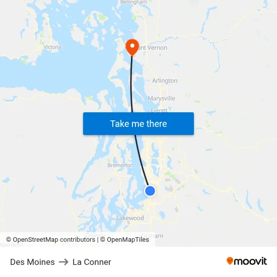 Des Moines to La Conner map