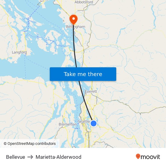 Bellevue to Marietta-Alderwood map