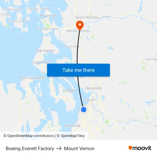 Boeing Everett Factory to Mount Vernon map