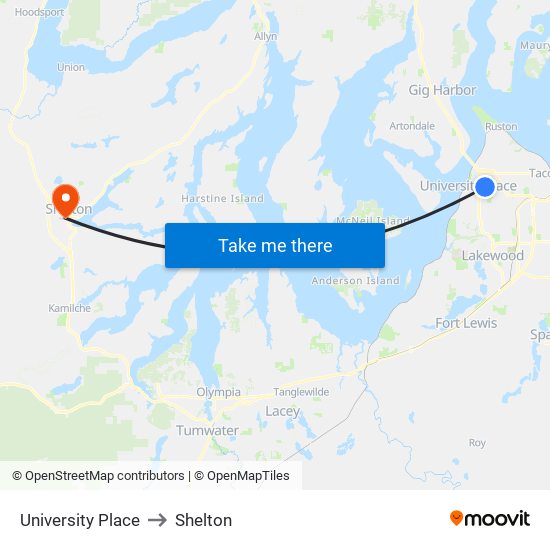 University Place to Shelton map