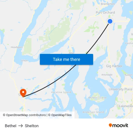 Bethel to Shelton map