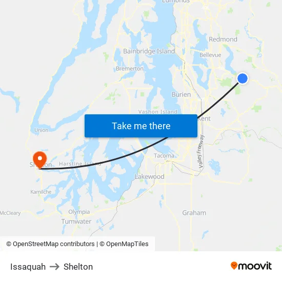 Issaquah to Shelton map