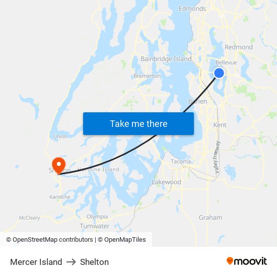 Mercer Island to Shelton map