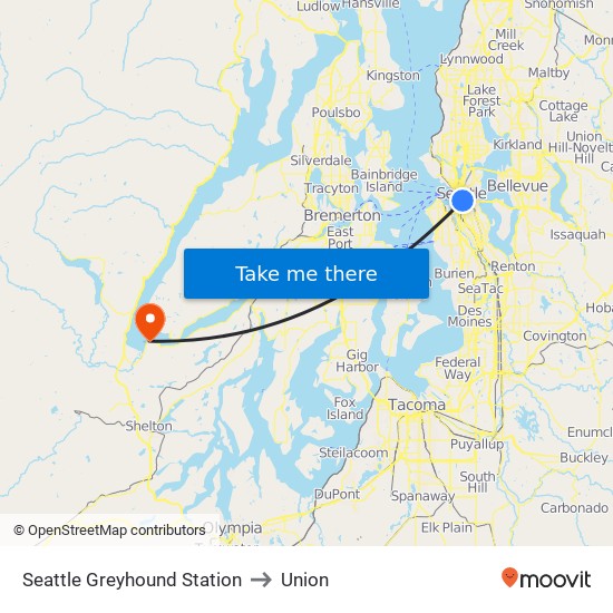 Seattle Greyhound Station to Union map