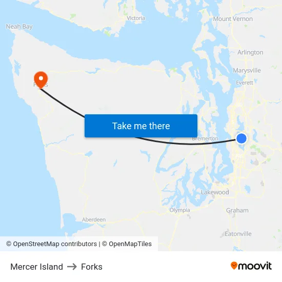 Mercer Island to Forks map