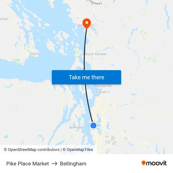 Pike Place Market to Bellingham map