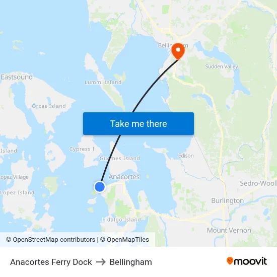 Anacortes Ferry Dock to Bellingham map