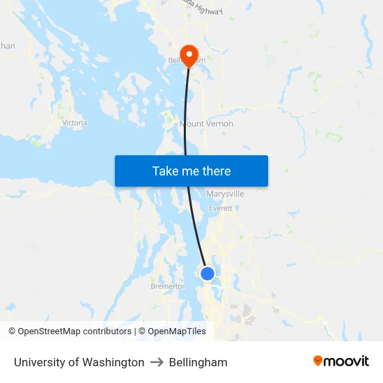 University of Washington to Bellingham map