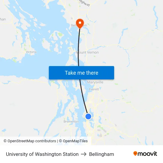 University of Washington Station to Bellingham map