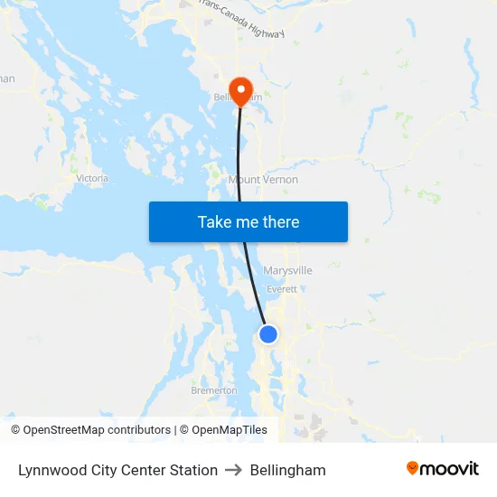 Lynnwood City Center Station to Bellingham map