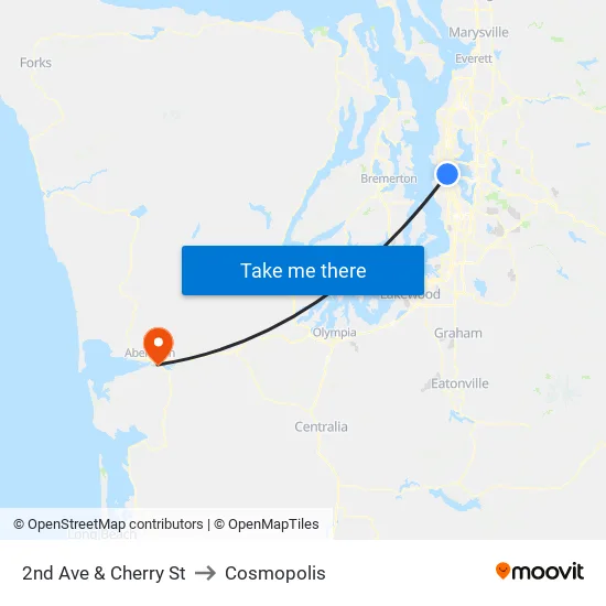 2nd Ave & Cherry St to Cosmopolis map