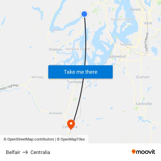 Belfair to Centralia map