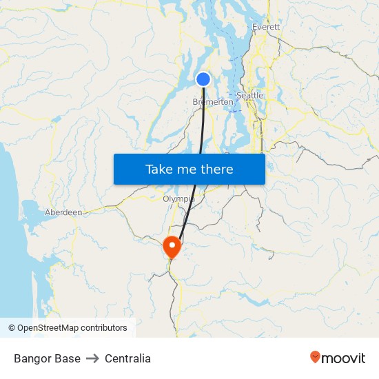 Bangor Base to Centralia map