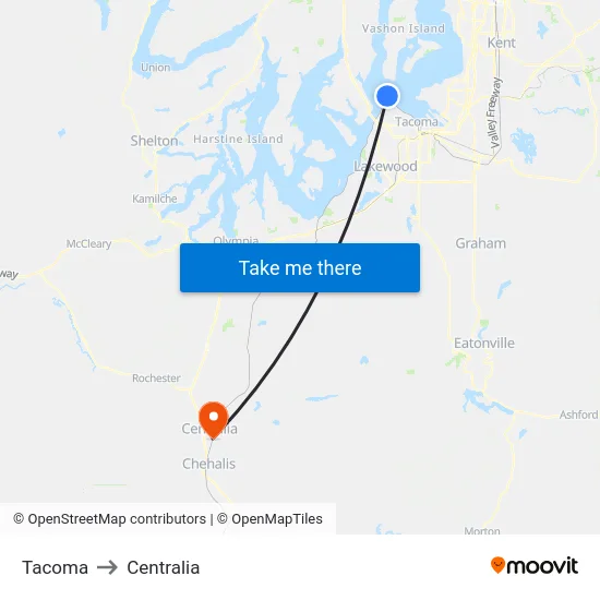 Tacoma to Centralia map