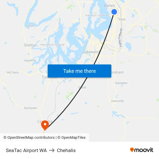SeaTac Airport WA to Chehalis map