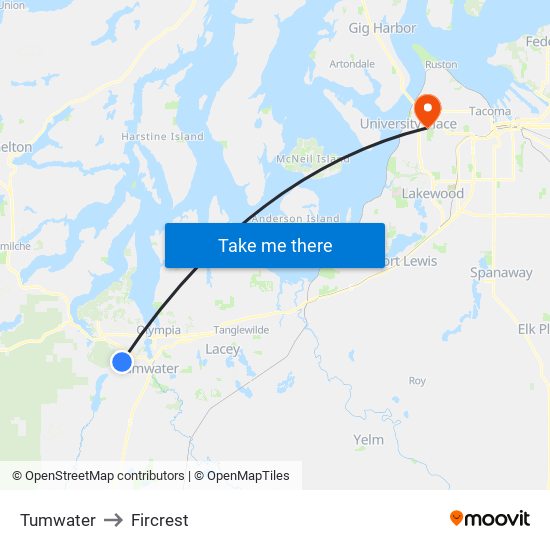 Tumwater to Fircrest map
