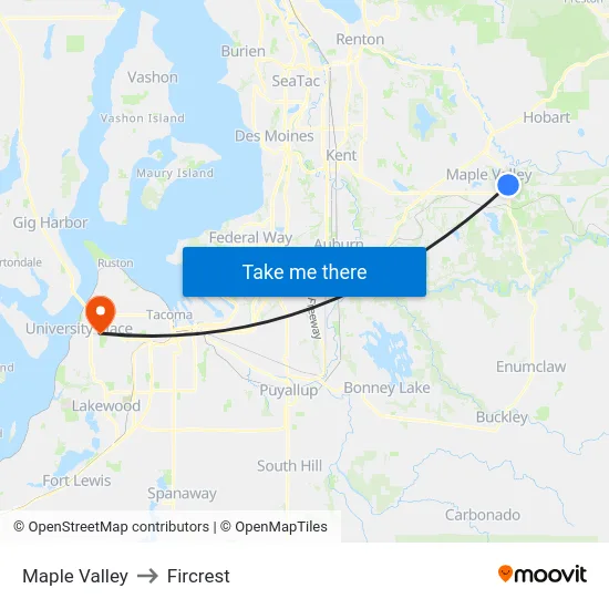 Maple Valley to Fircrest map