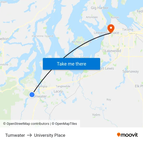 Tumwater to University Place map
