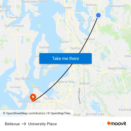 Bellevue to University Place map