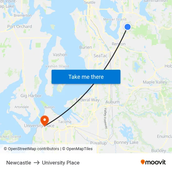 Newcastle to University Place map