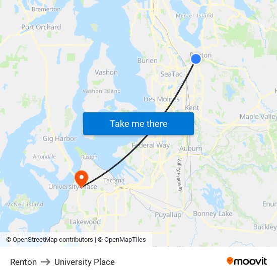 Renton to University Place map