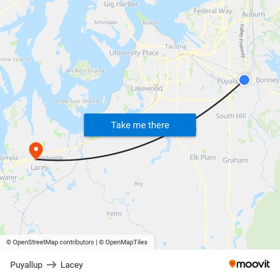Puyallup to Lacey map