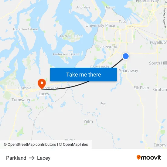 Parkland to Lacey map