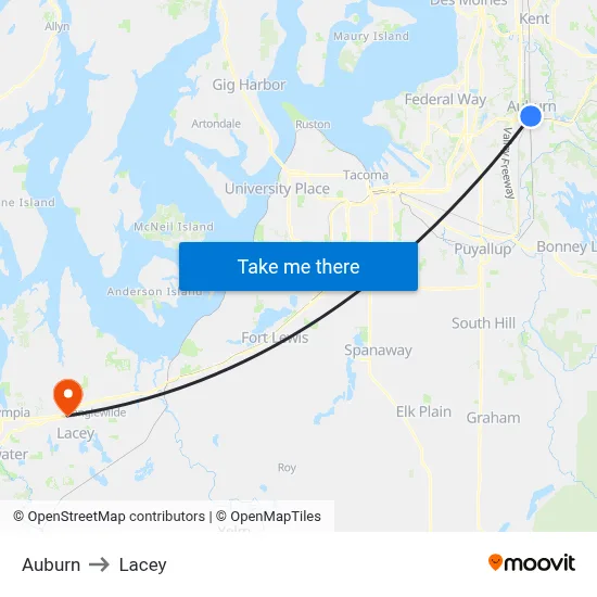 Auburn to Lacey map
