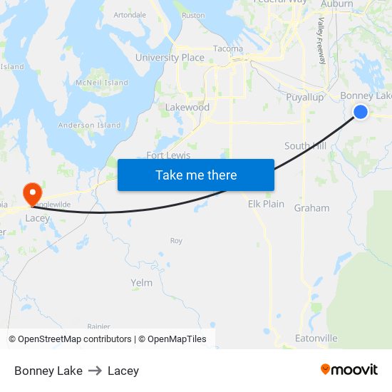 Bonney Lake to Lacey map