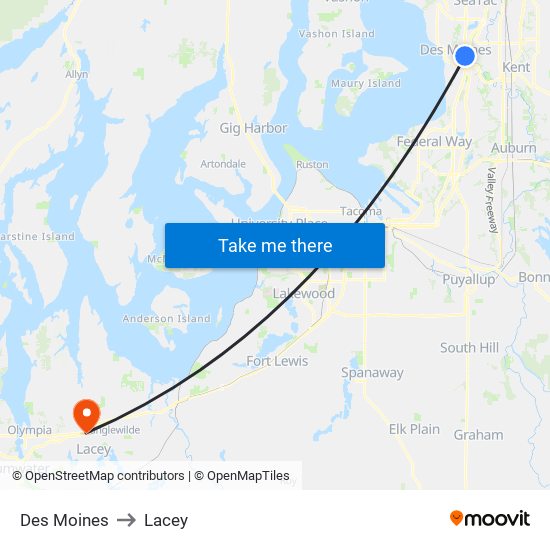 Des Moines to Lacey map