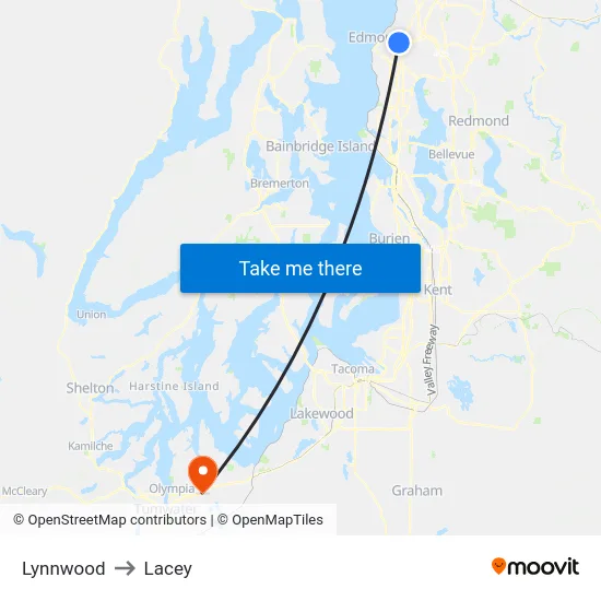 Lynnwood to Lacey map