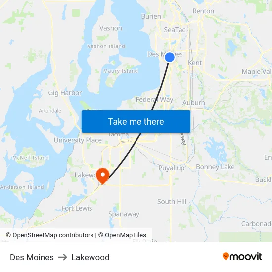 Des Moines to Lakewood map