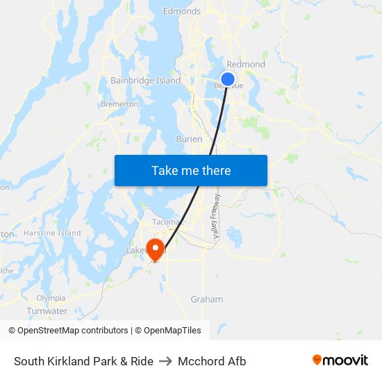 South Kirkland Park & Ride to Mcchord Afb map