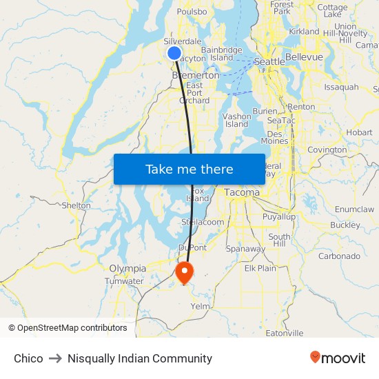 Chico to Nisqually Indian Community map