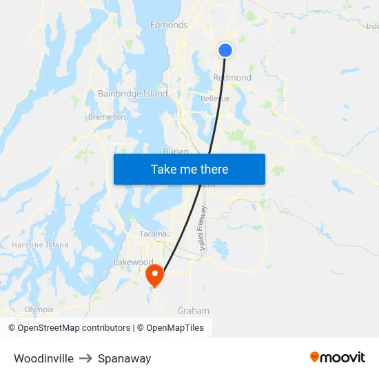 Woodinville to Spanaway map