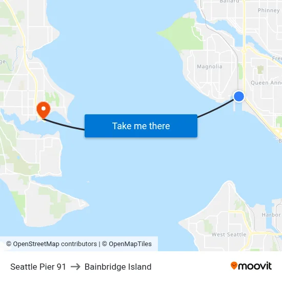 Seattle Pier 91 to Bainbridge Island map