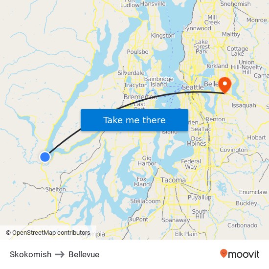 Skokomish to Bellevue map