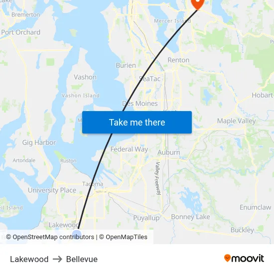 Lakewood to Bellevue map