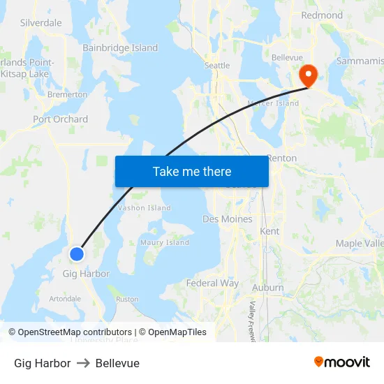 Gig Harbor to Bellevue map
