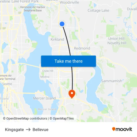 Kingsgate to Bellevue map
