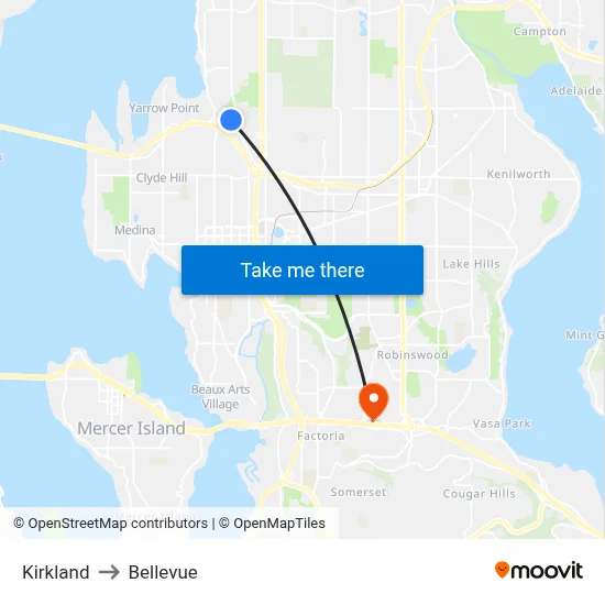 Kirkland to Bellevue map