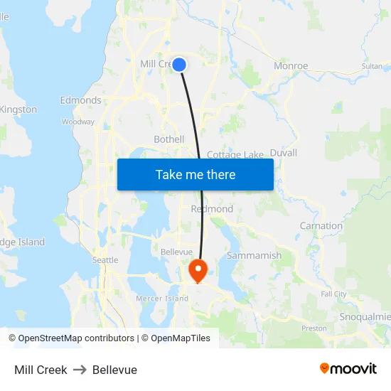 Mill Creek to Bellevue map