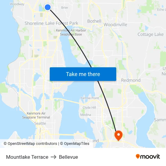 Mountlake Terrace to Bellevue map
