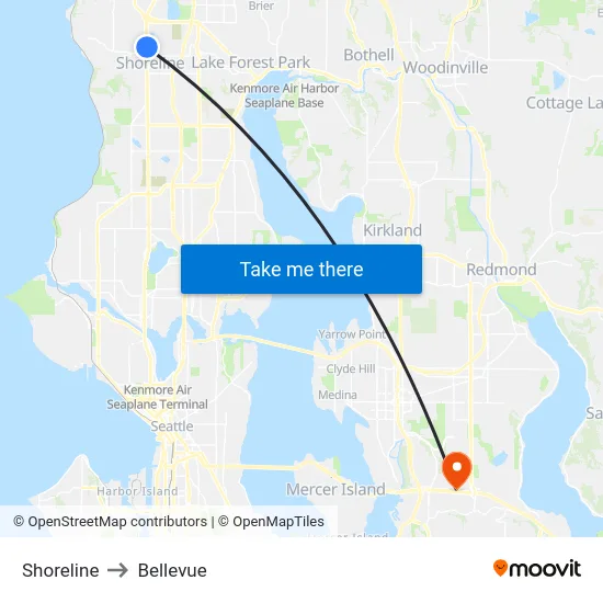 Shoreline to Bellevue map
