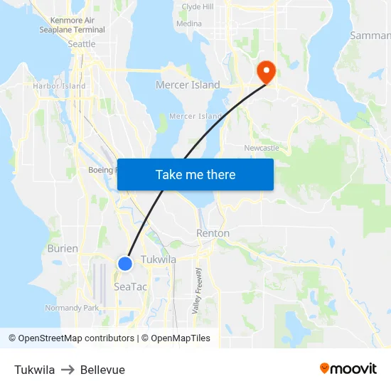 Tukwila to Bellevue map