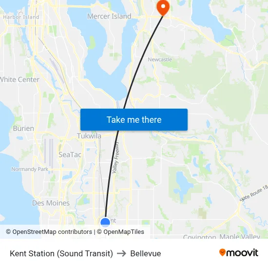 Kent Station (Sound Transit) to Bellevue map