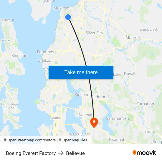 Boeing Everett Factory to Bellevue map
