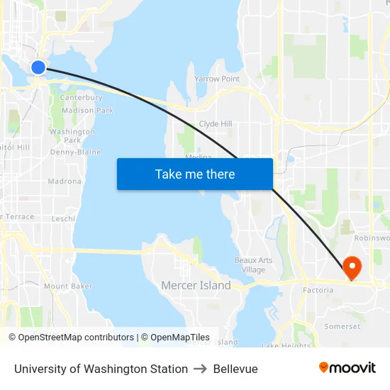 University of Washington Station to Bellevue map