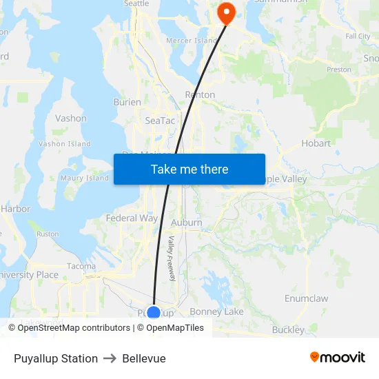 Puyallup Station to Bellevue map