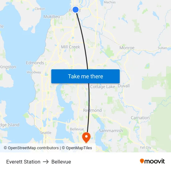 Everett Station to Bellevue map